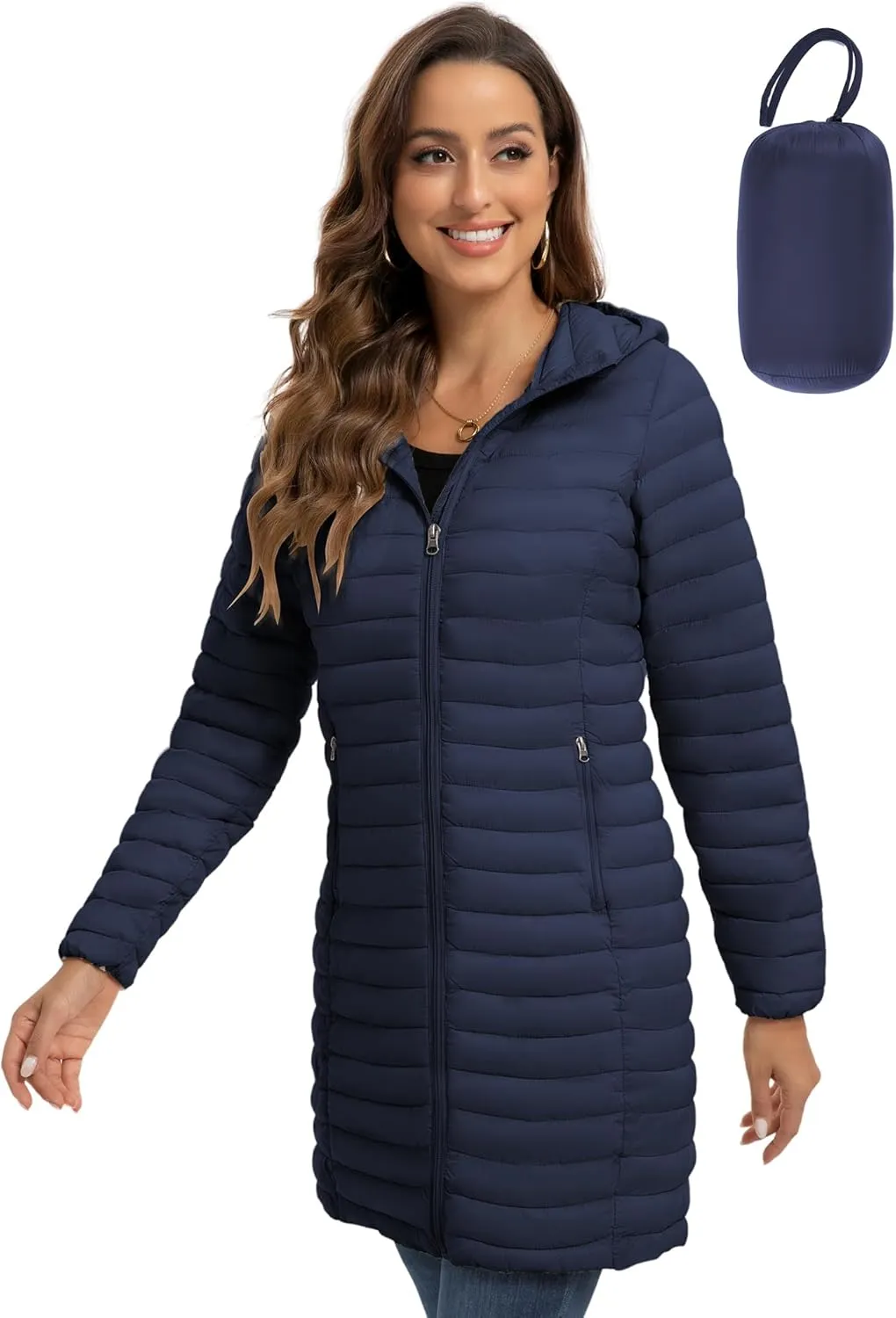 ROYAL MATRIX Packable Puffer Jacket for Women Lightweight Hooded Quilted Long Travel Puffer Coat