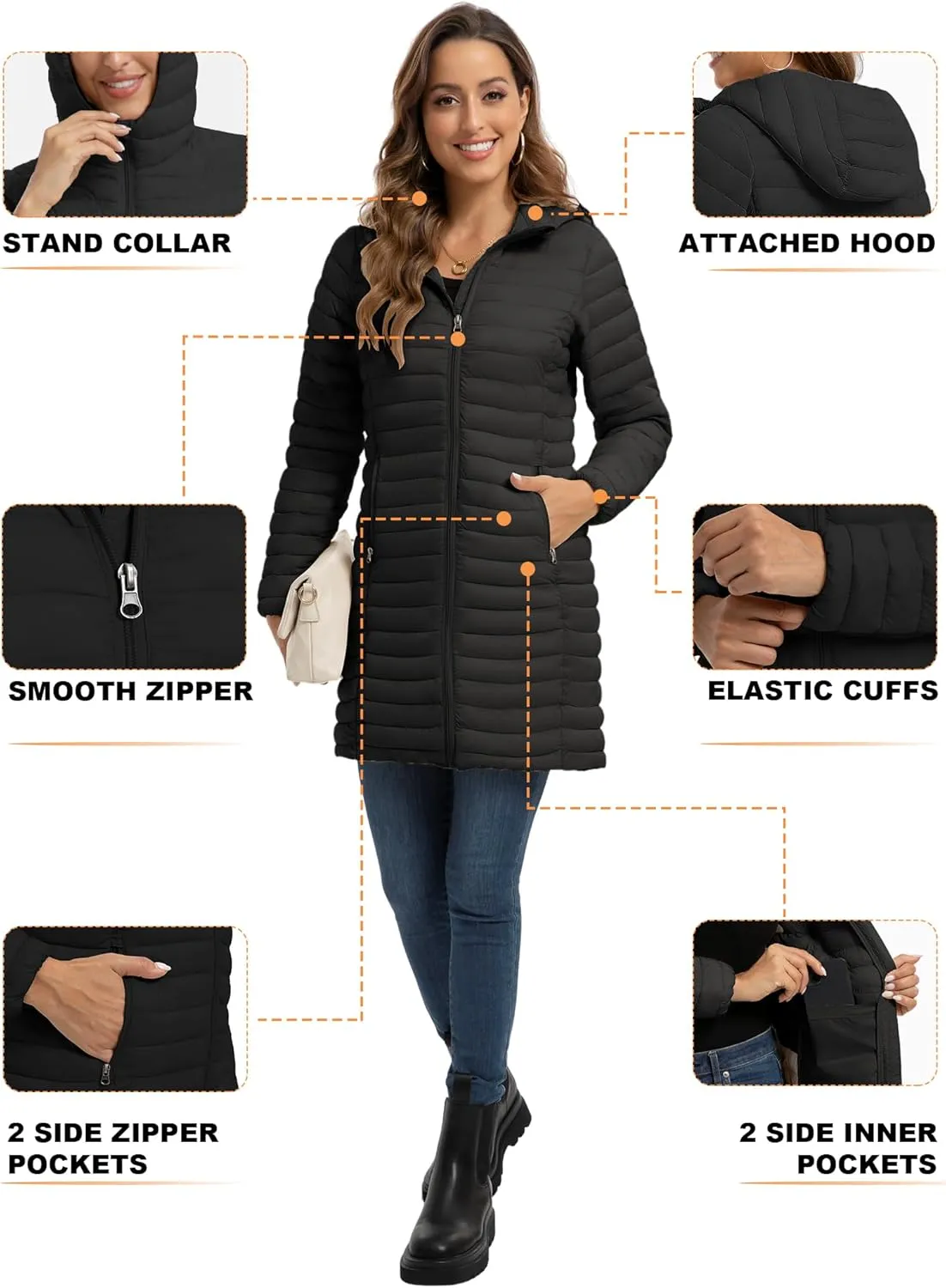 ROYAL MATRIX Packable Puffer Jacket for Women Lightweight Hooded Quilted Long Travel Puffer Coat