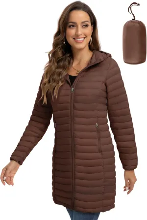 ROYAL MATRIX Packable Puffer Jacket for Women Lightweight Hooded Quilted Long Travel Puffer Coat