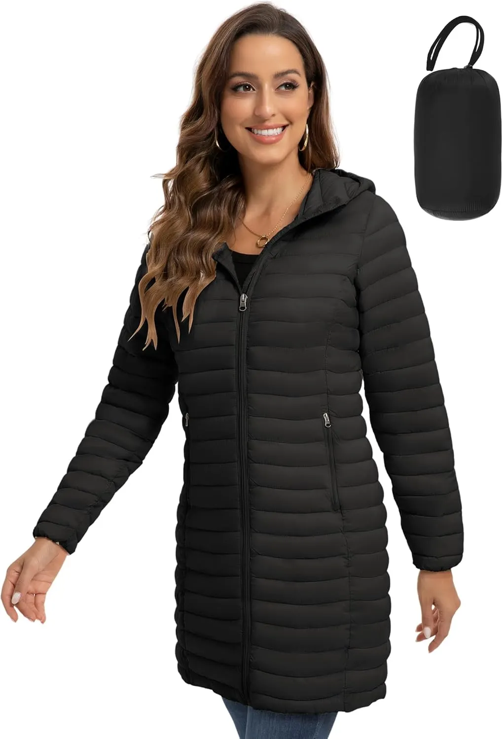 ROYAL MATRIX Packable Puffer Jacket for Women Lightweight Hooded Quilted Long Travel Puffer Coat