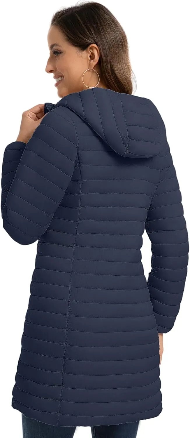 ROYAL MATRIX Packable Puffer Jacket for Women Lightweight Hooded Quilted Long Travel Puffer Coat
