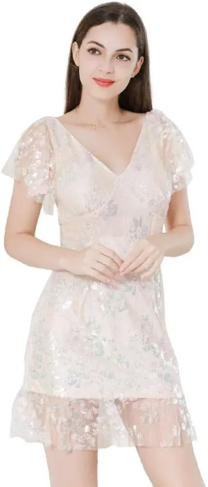 ROYAL SMEELA Sequin Dresses for Women Mini Cocktail Dress Ruffle Sleeve V Neck Glitter Party Dresses for Women Evening