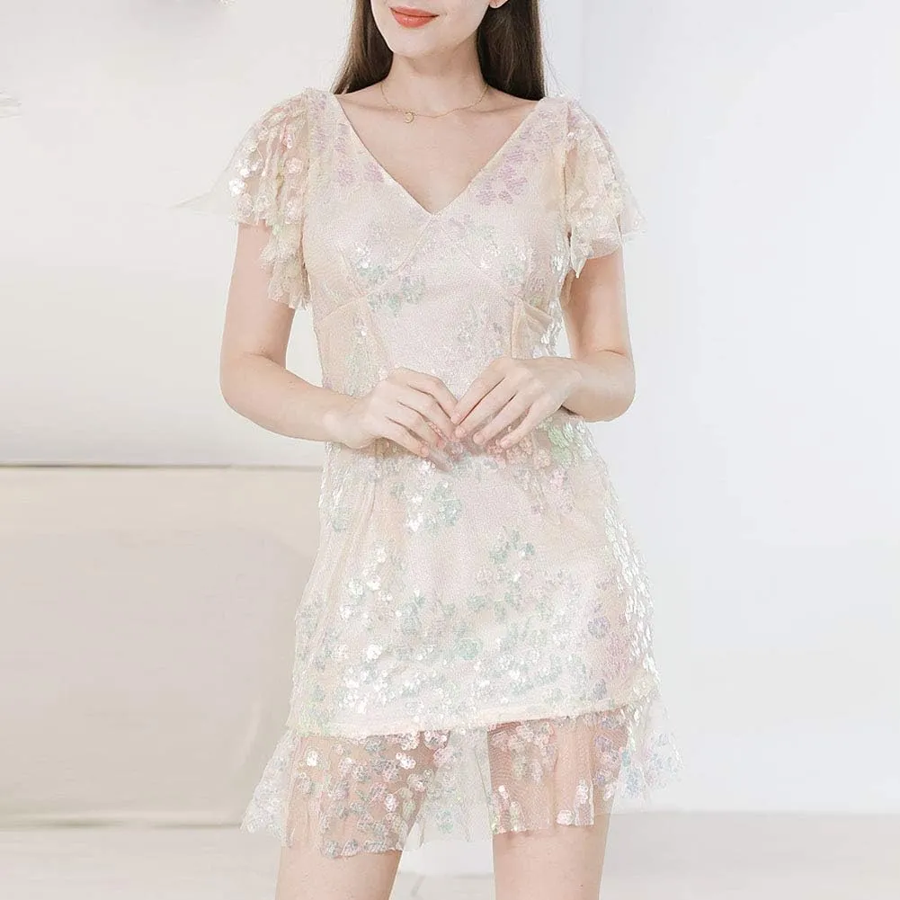 ROYAL SMEELA Sequin Dresses for Women Mini Cocktail Dress Ruffle Sleeve V Neck Glitter Party Dresses for Women Evening