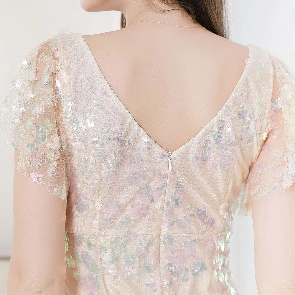 ROYAL SMEELA Sequin Dresses for Women Mini Cocktail Dress Ruffle Sleeve V Neck Glitter Party Dresses for Women Evening