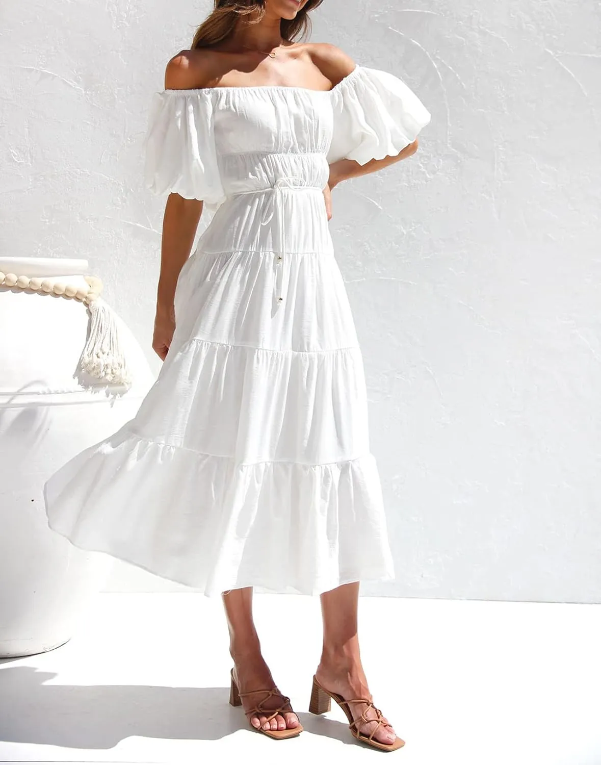 R.Vivimos Off-Shoulder Dresses for Women Summer Puff Sleeve Empire Waist Casual Ruffle A-Line Flowy Midi Dress with Belt