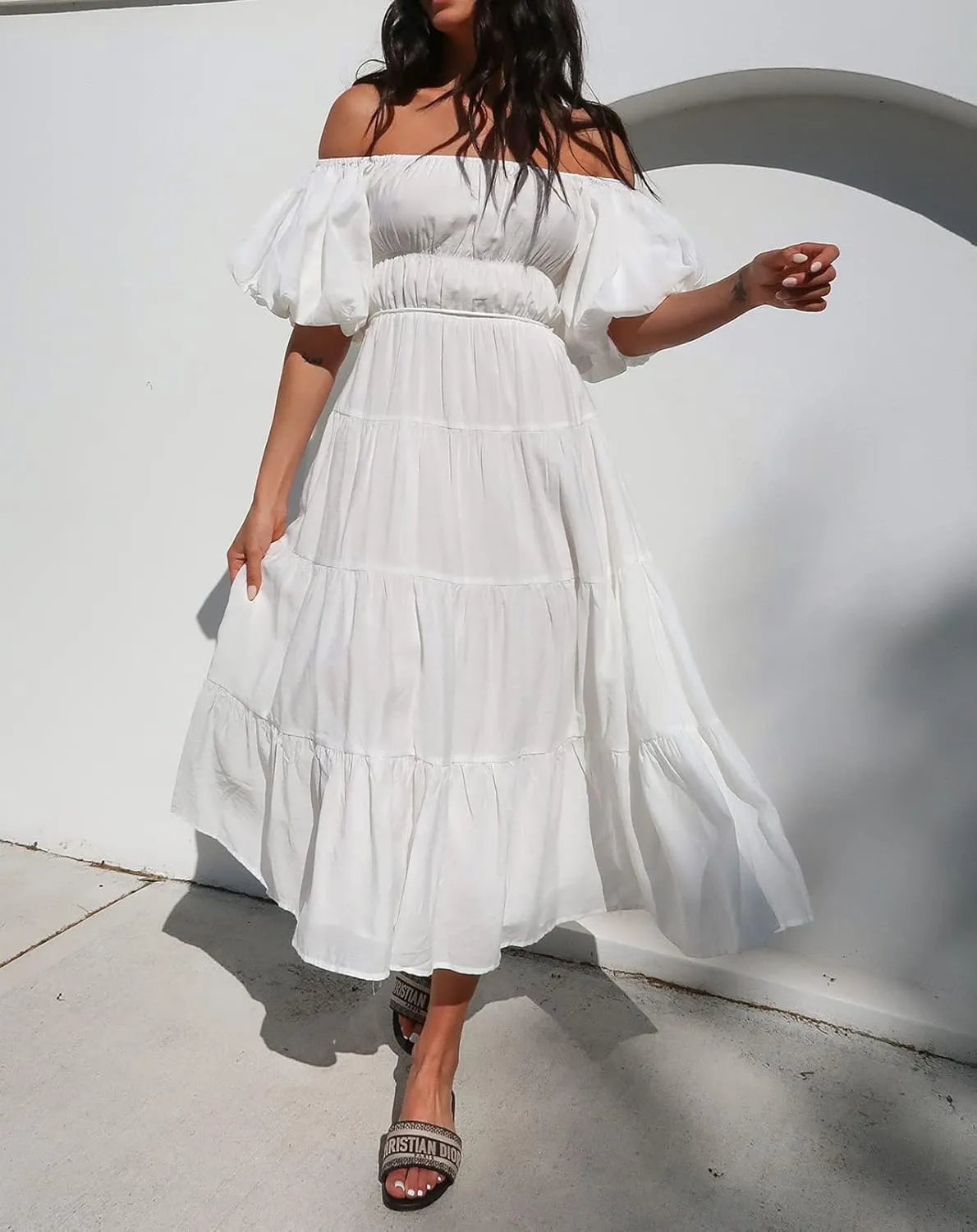 R.Vivimos Off-Shoulder Dresses for Women Summer Puff Sleeve Empire Waist Casual Ruffle A-Line Flowy Midi Dress with Belt