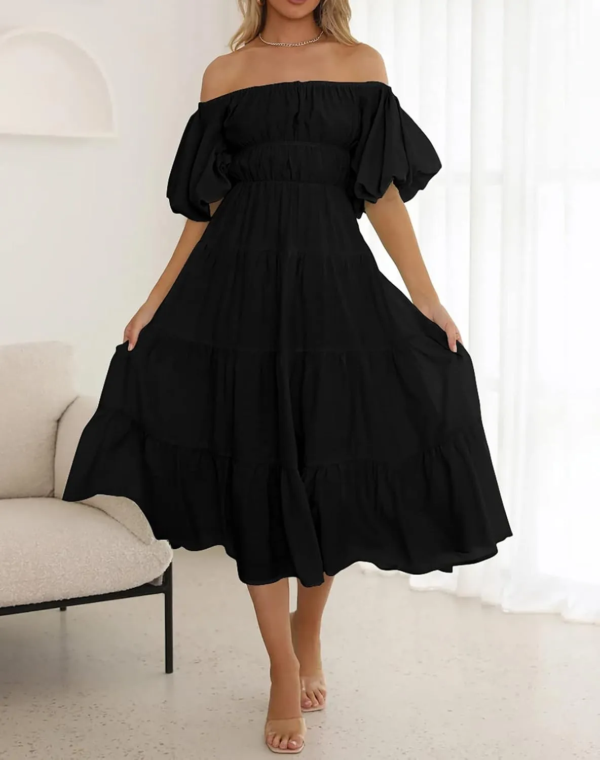 R.Vivimos Off-Shoulder Dresses for Women Summer Puff Sleeve Empire Waist Casual Ruffle A-Line Flowy Midi Dress with Belt