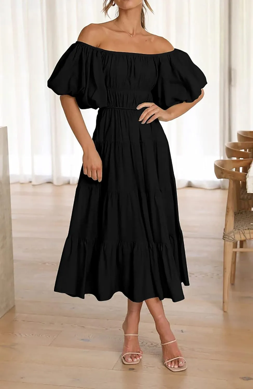 R.Vivimos Off-Shoulder Dresses for Women Summer Puff Sleeve Empire Waist Casual Ruffle A-Line Flowy Midi Dress with Belt