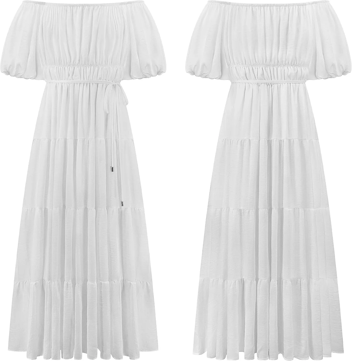 R.Vivimos Off-Shoulder Dresses for Women Summer Puff Sleeve Empire Waist Casual Ruffle A-Line Flowy Midi Dress with Belt