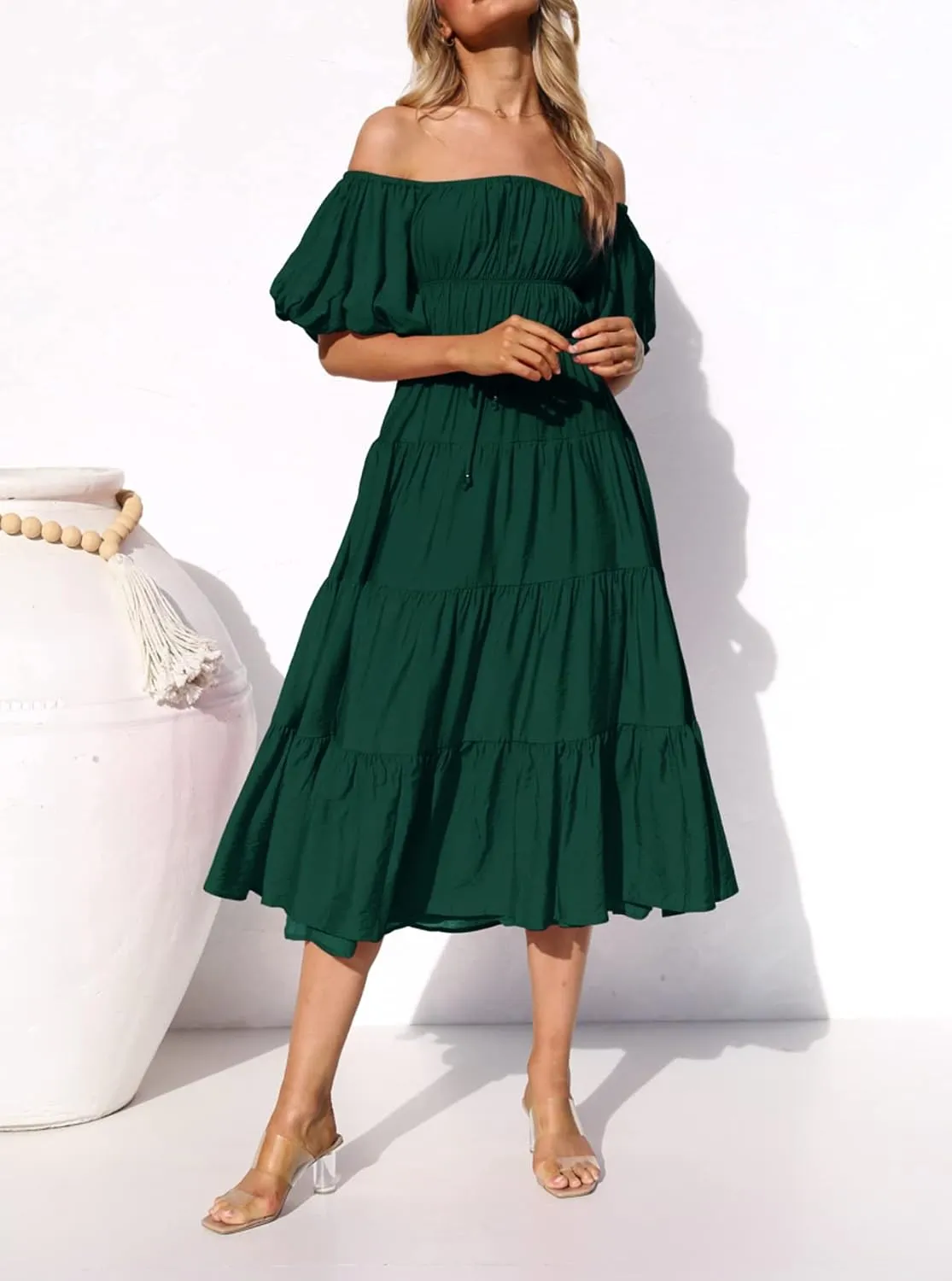 R.Vivimos Off-Shoulder Dresses for Women Summer Puff Sleeve Empire Waist Casual Ruffle A-Line Flowy Midi Dress with Belt