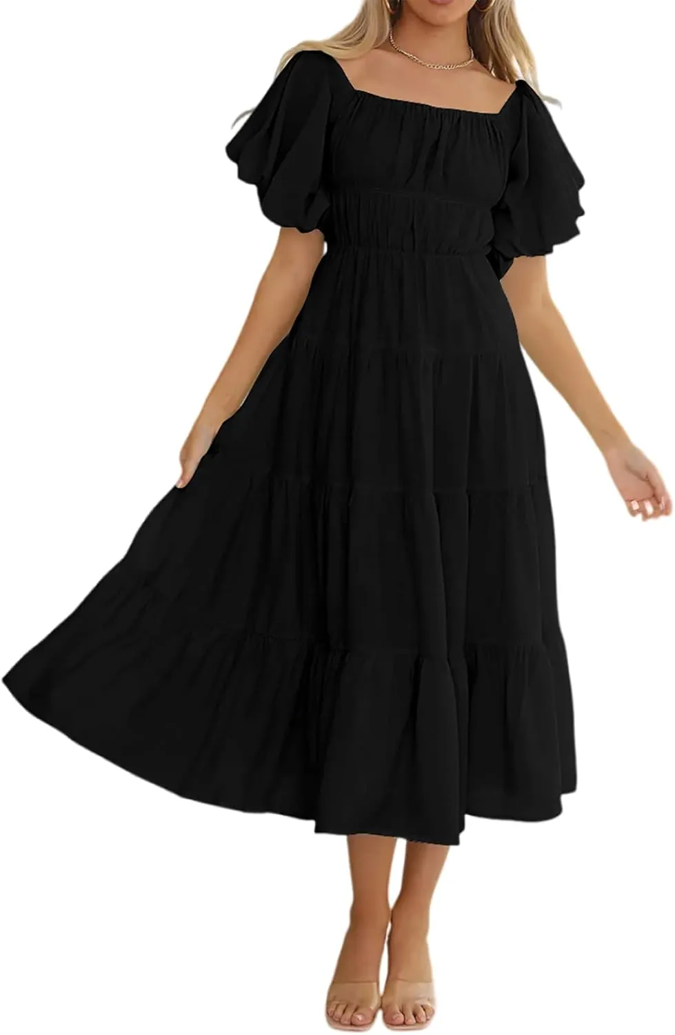 R.Vivimos Off-Shoulder Dresses for Women Summer Puff Sleeve Empire Waist Casual Ruffle A-Line Flowy Midi Dress with Belt