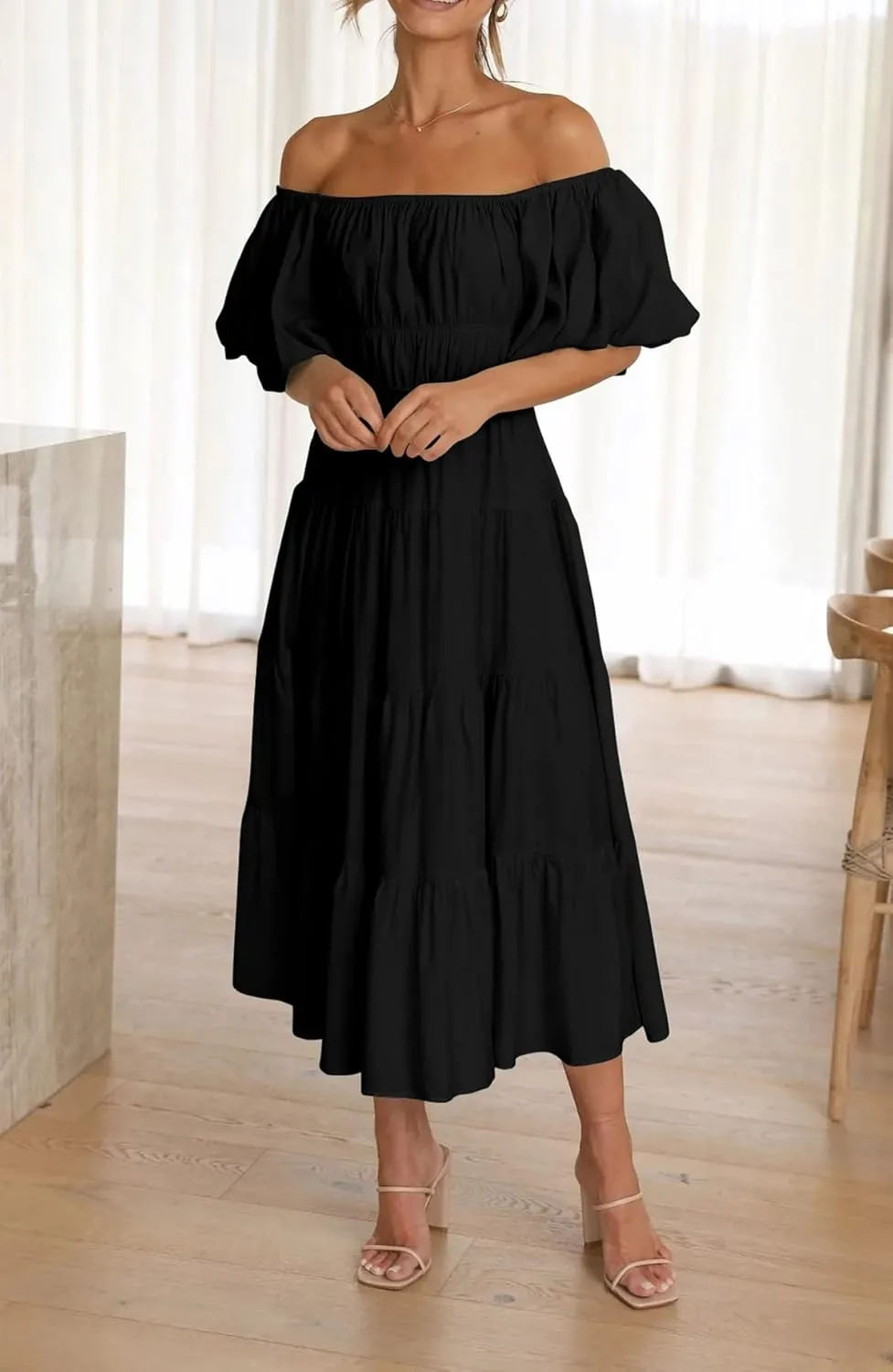R.Vivimos Off-Shoulder Dresses for Women Summer Puff Sleeve Empire Waist Casual Ruffle A-Line Flowy Midi Dress with Belt