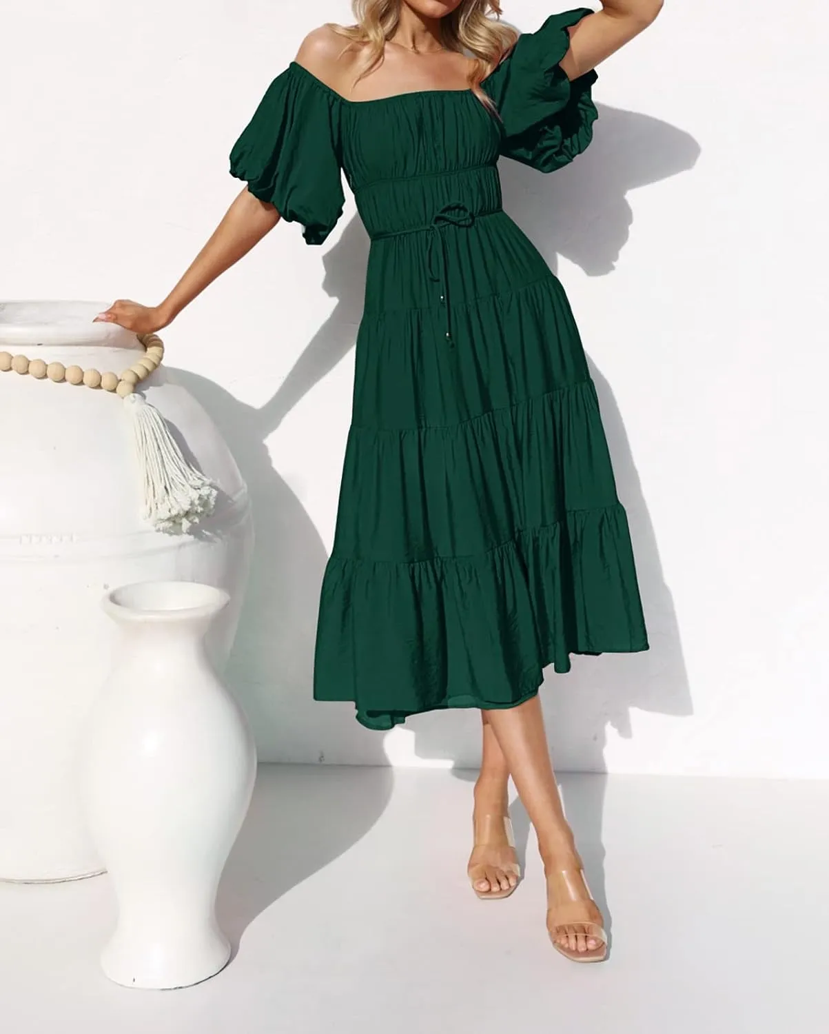 R.Vivimos Off-Shoulder Dresses for Women Summer Puff Sleeve Empire Waist Casual Ruffle A-Line Flowy Midi Dress with Belt