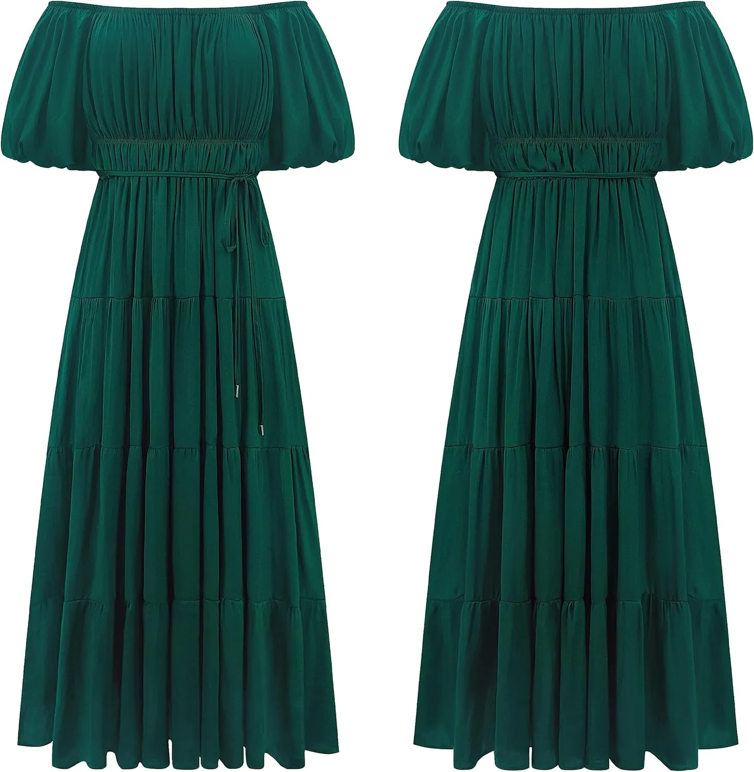 R.Vivimos Off-Shoulder Dresses for Women Summer Puff Sleeve Empire Waist Casual Ruffle A-Line Flowy Midi Dress with Belt