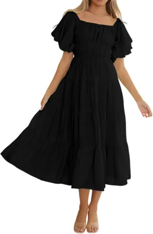 R.Vivimos Off-Shoulder Dresses for Women Summer Puff Sleeve Empire Waist Casual Ruffle A-Line Flowy Midi Dress with Belt