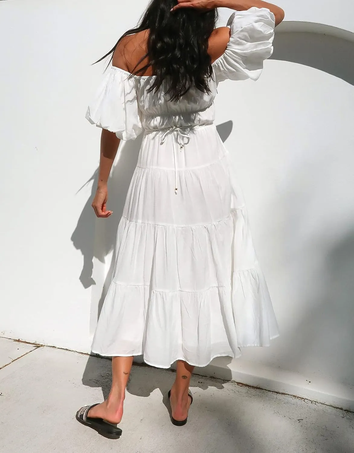 R.Vivimos Off-Shoulder Dresses for Women Summer Puff Sleeve Empire Waist Casual Ruffle A-Line Flowy Midi Dress with Belt