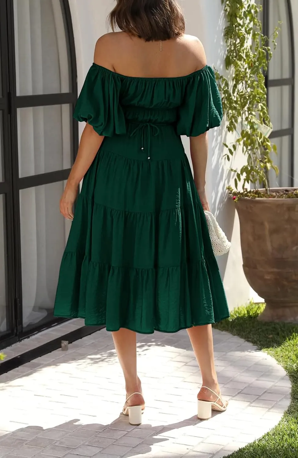 R.Vivimos Off-Shoulder Dresses for Women Summer Puff Sleeve Empire Waist Casual Ruffle A-Line Flowy Midi Dress with Belt