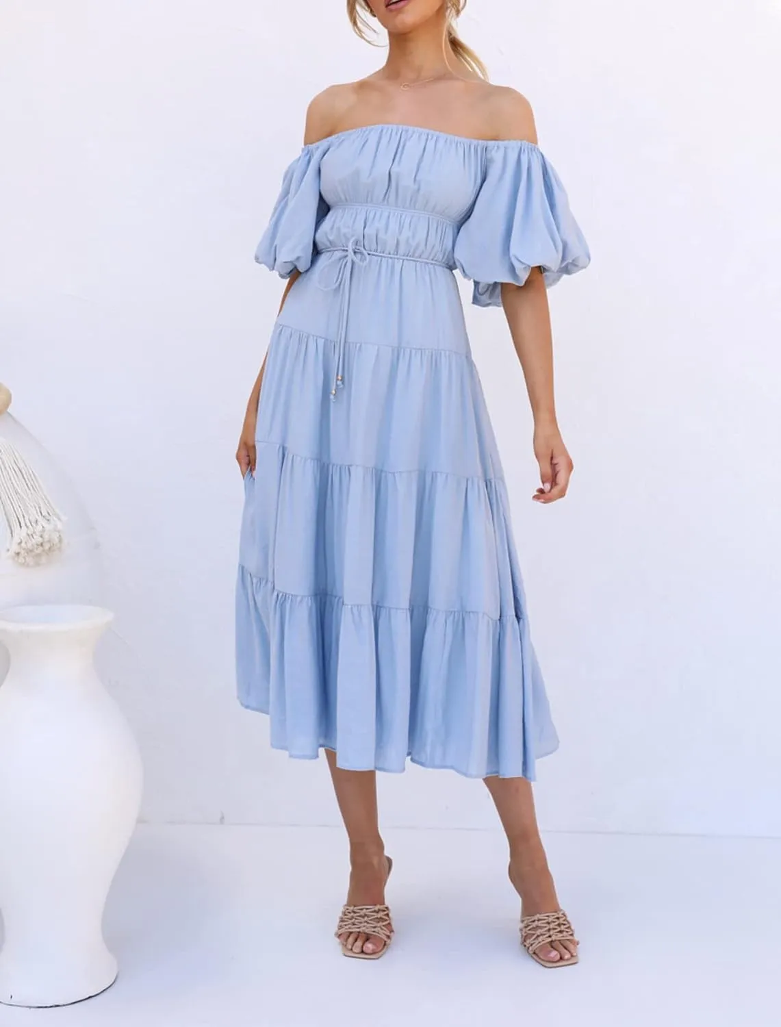 R.Vivimos Off-Shoulder Dresses for Women Summer Puff Sleeve Empire Waist Casual Ruffle A-Line Flowy Midi Dress with Belt