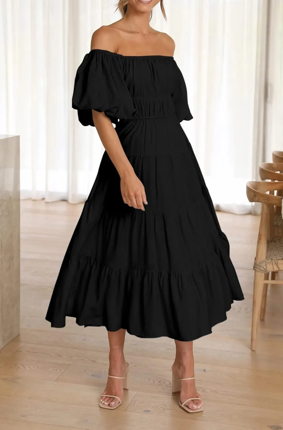 R.Vivimos Off-Shoulder Dresses for Women Summer Puff Sleeve Empire Waist Casual Ruffle A-Line Flowy Midi Dress with Belt