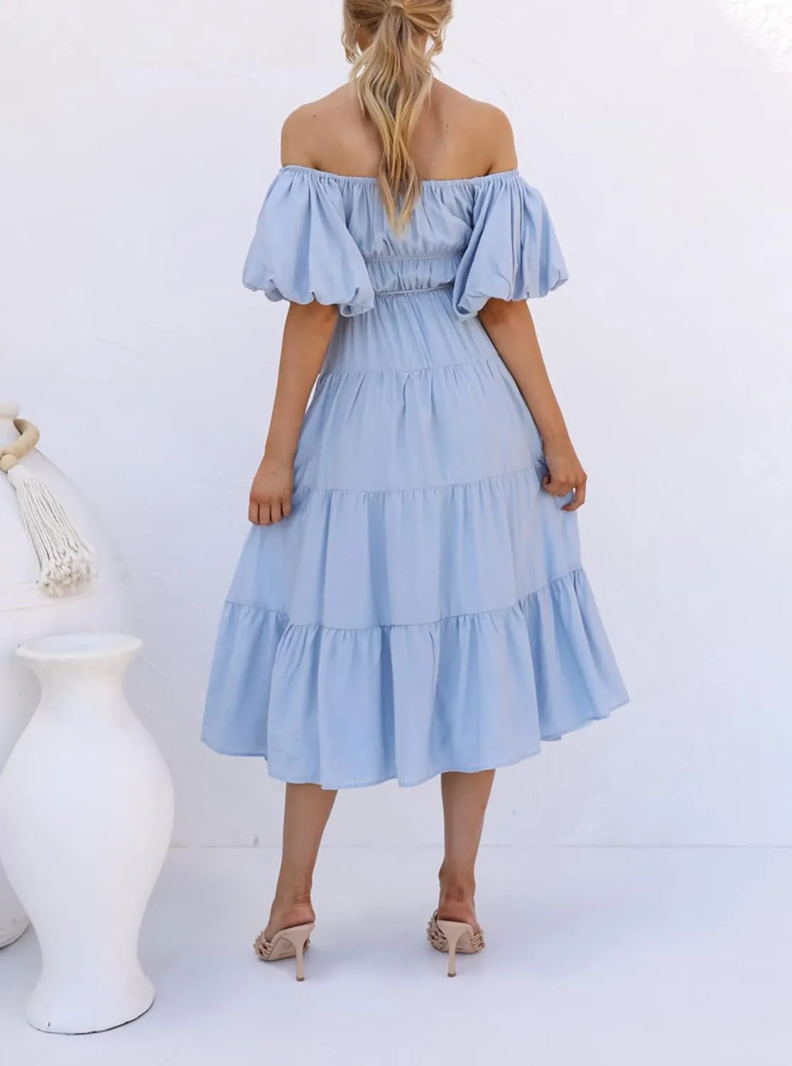 R.Vivimos Off-Shoulder Dresses for Women Summer Puff Sleeve Empire Waist Casual Ruffle A-Line Flowy Midi Dress with Belt