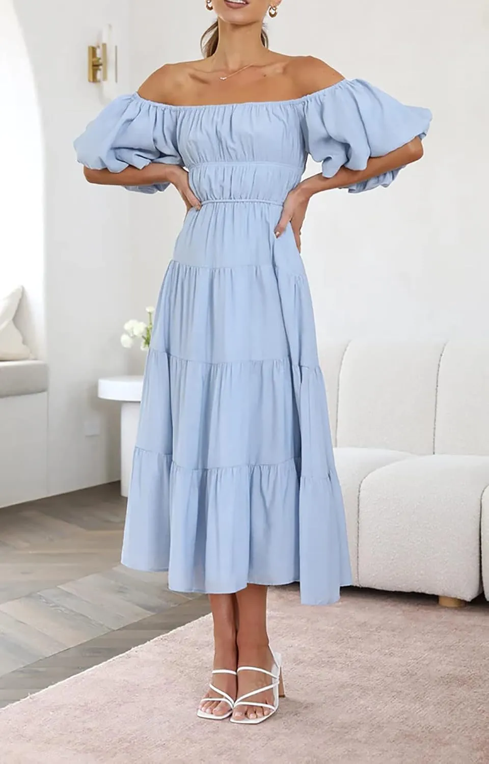 R.Vivimos Off-Shoulder Dresses for Women Summer Puff Sleeve Empire Waist Casual Ruffle A-Line Flowy Midi Dress with Belt