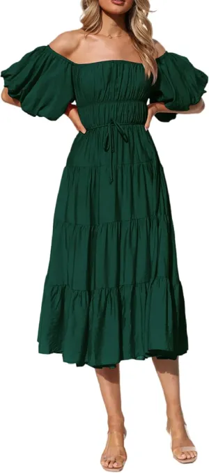 R.Vivimos Off-Shoulder Dresses for Women Summer Puff Sleeve Empire Waist Casual Ruffle A-Line Flowy Midi Dress with Belt