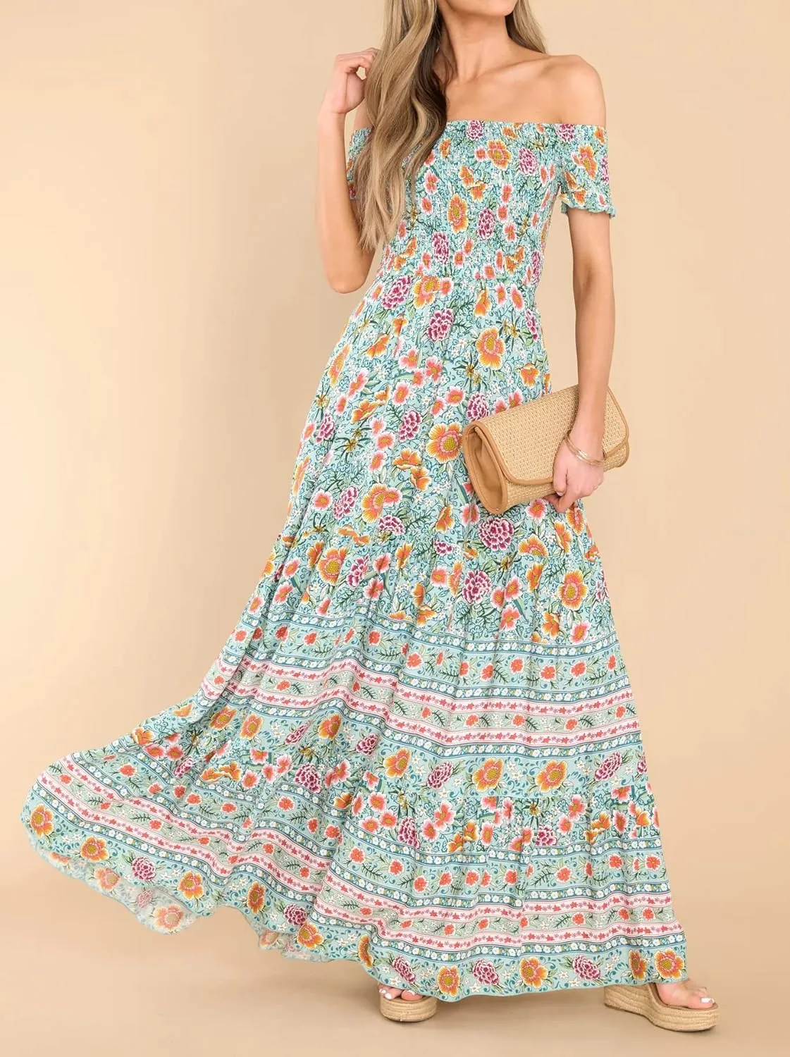 R.Vivimos Women's Summer Maxi Off-Shoulder Dresses Short Sleeve Empire Waist Boho Floral Print Casual Smocked Flowy Dresses
