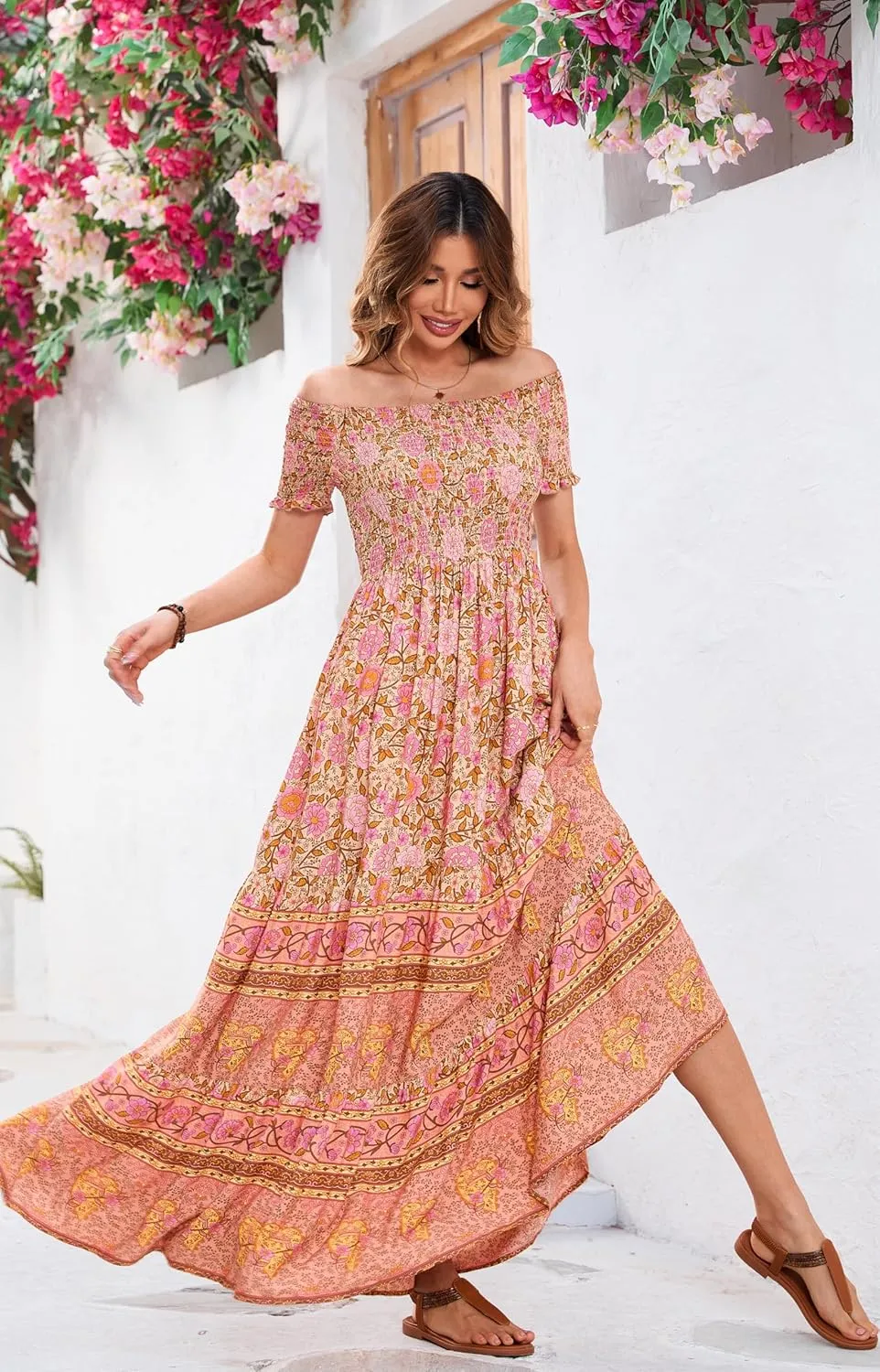 R.Vivimos Women's Summer Maxi Off-Shoulder Dresses Short Sleeve Empire Waist Boho Floral Print Casual Smocked Flowy Dresses
