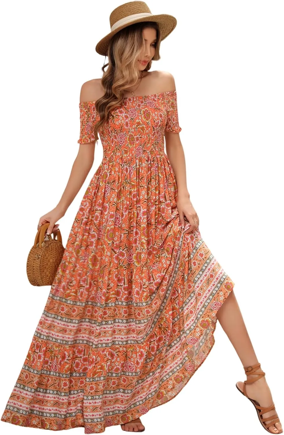 R.Vivimos Women's Summer Maxi Off-Shoulder Dresses Short Sleeve Empire Waist Boho Floral Print Casual Smocked Flowy Dresses
