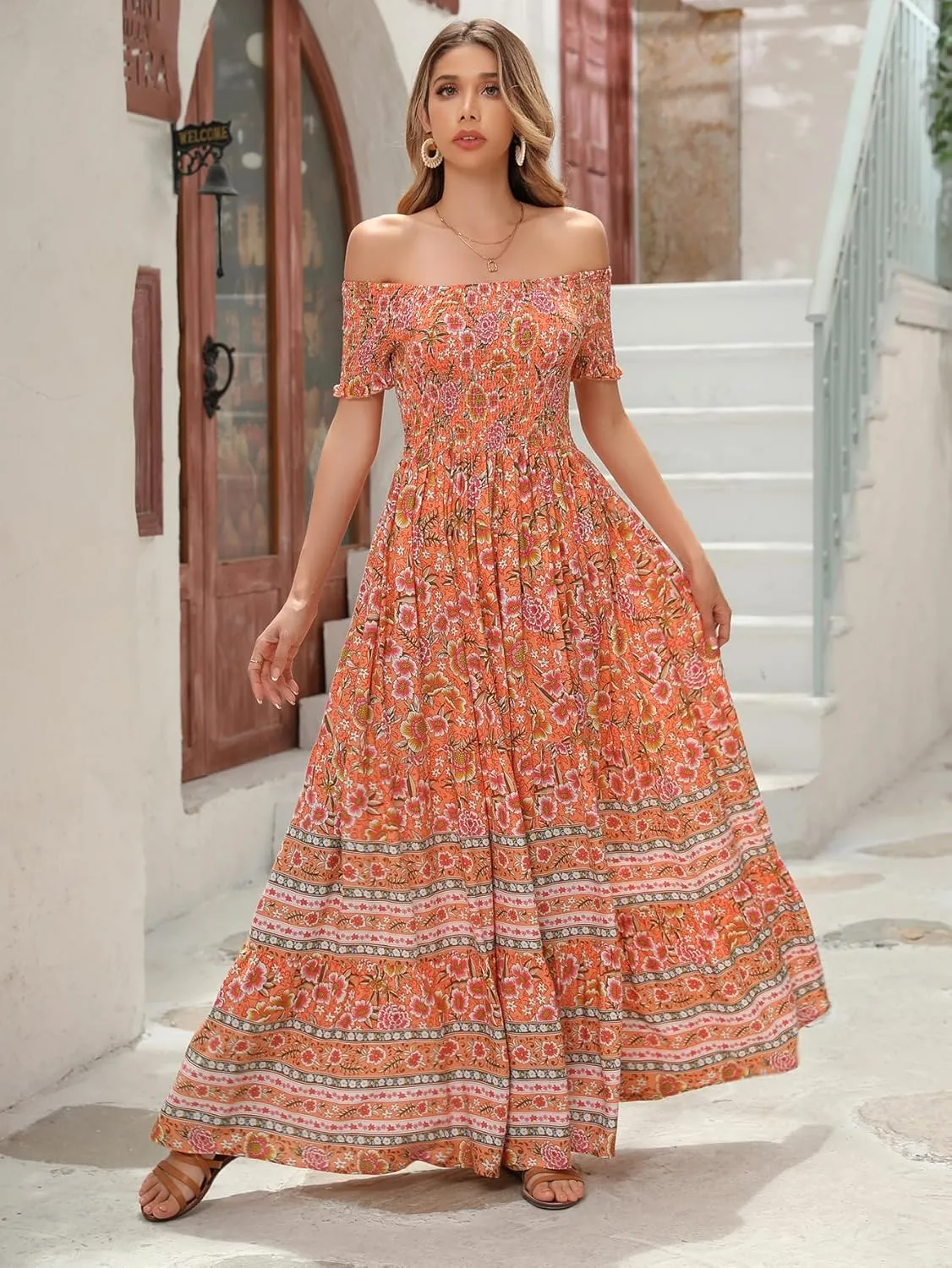 R.Vivimos Women's Summer Maxi Off-Shoulder Dresses Short Sleeve Empire Waist Boho Floral Print Casual Smocked Flowy Dresses