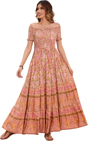 R.Vivimos Women's Summer Maxi Off-Shoulder Dresses Short Sleeve Empire Waist Boho Floral Print Casual Smocked Flowy Dresses