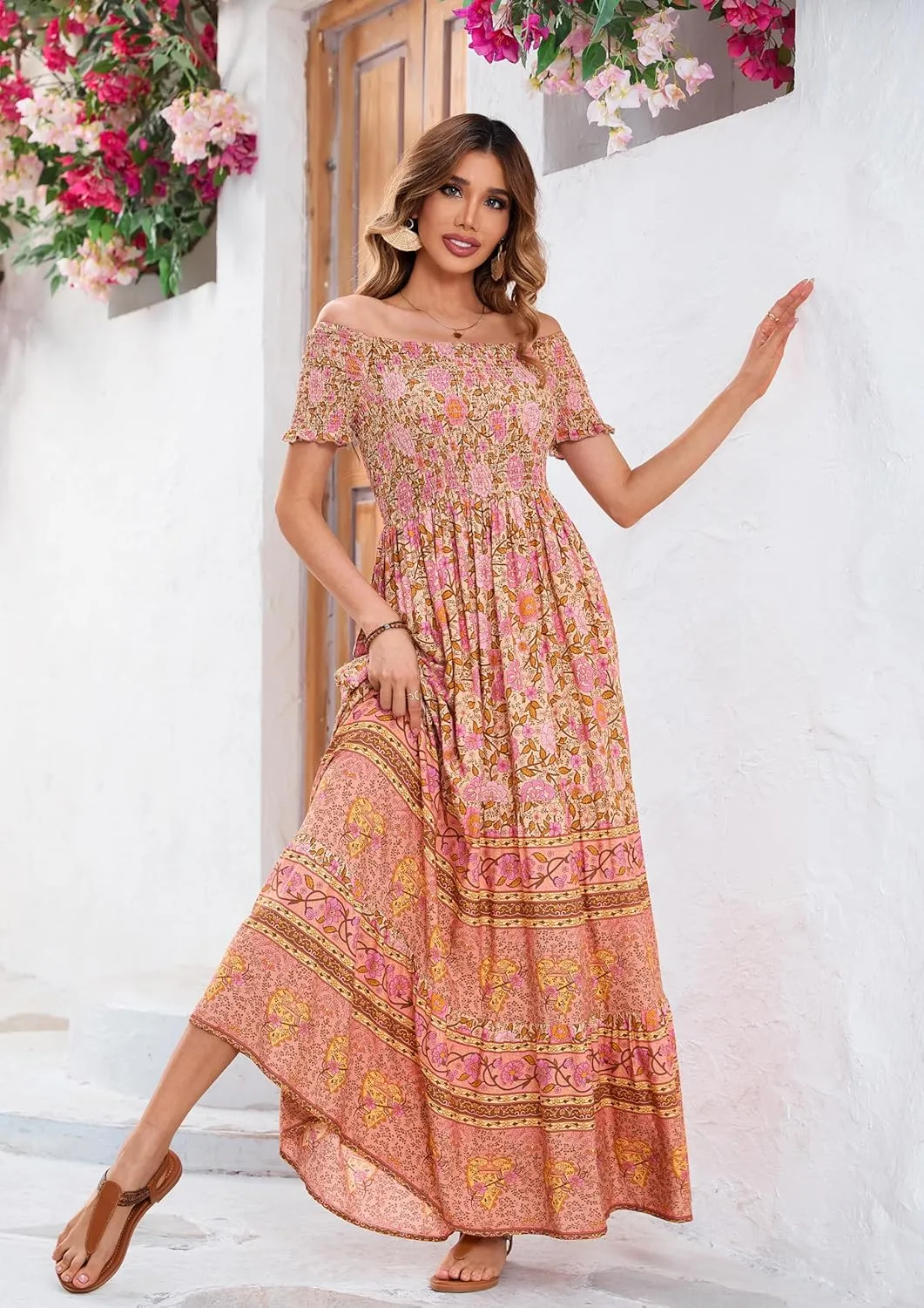 R.Vivimos Women's Summer Maxi Off-Shoulder Dresses Short Sleeve Empire Waist Boho Floral Print Casual Smocked Flowy Dresses