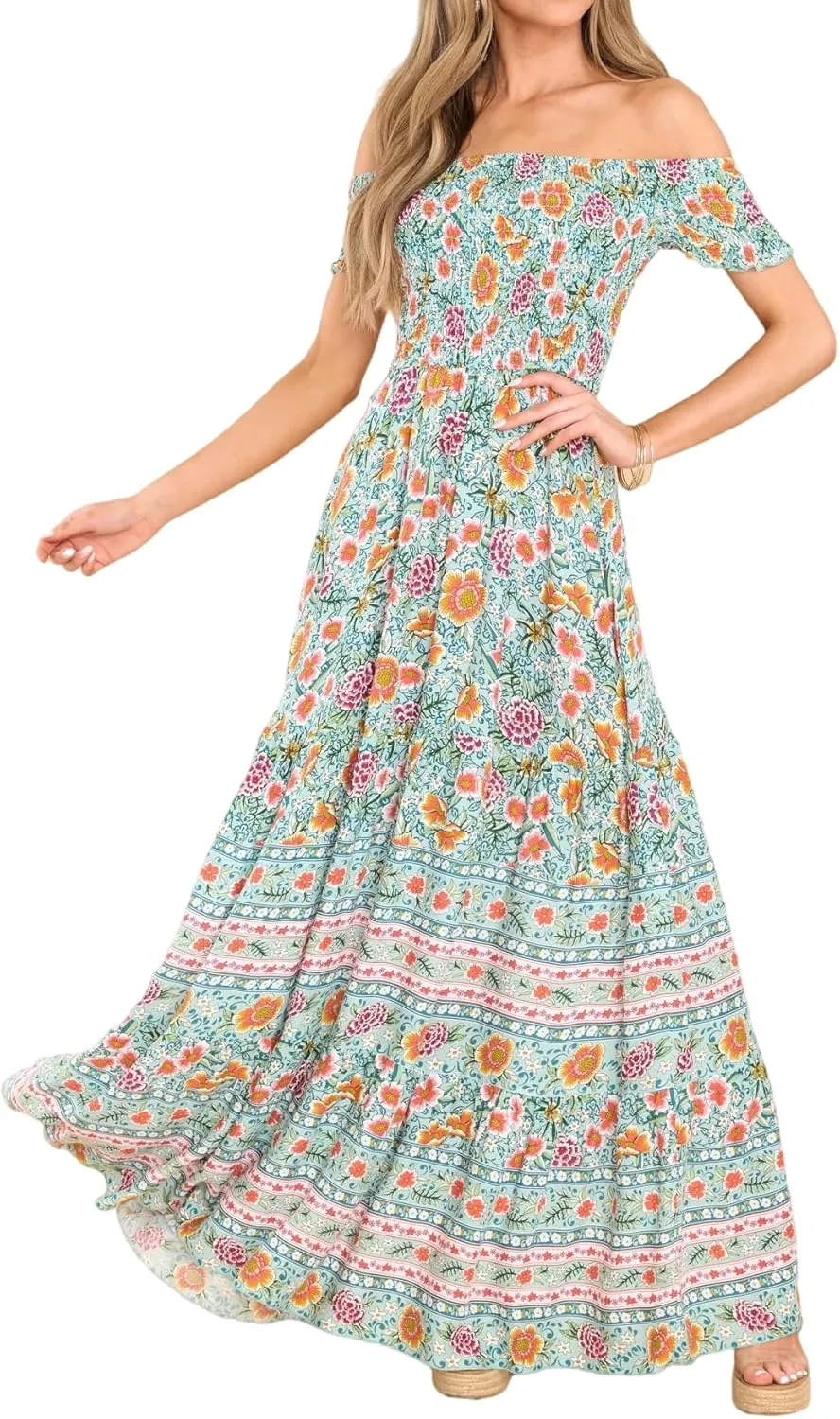 R.Vivimos Women's Summer Maxi Off-Shoulder Dresses Short Sleeve Empire Waist Boho Floral Print Casual Smocked Flowy Dresses