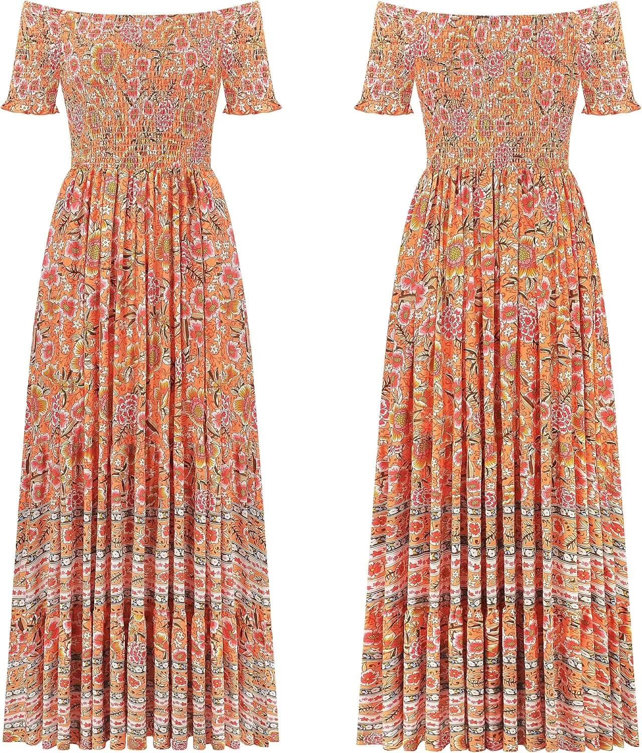R.Vivimos Women's Summer Maxi Off-Shoulder Dresses Short Sleeve Empire Waist Boho Floral Print Casual Smocked Flowy Dresses