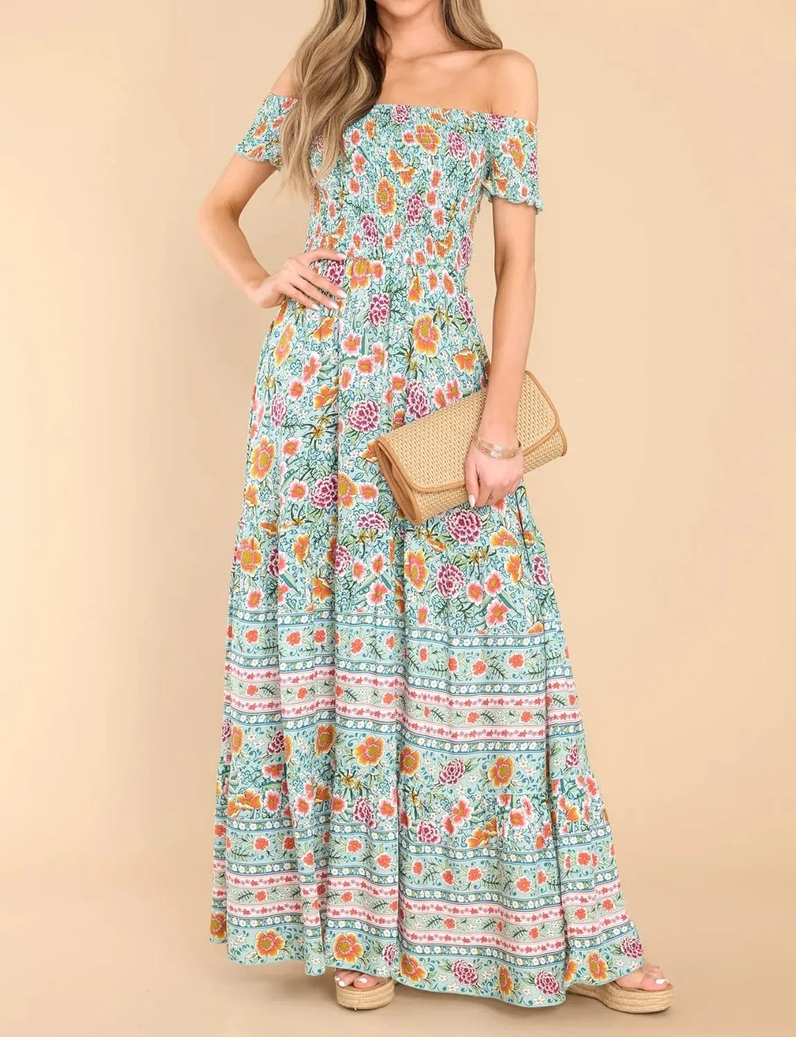 R.Vivimos Women's Summer Maxi Off-Shoulder Dresses Short Sleeve Empire Waist Boho Floral Print Casual Smocked Flowy Dresses