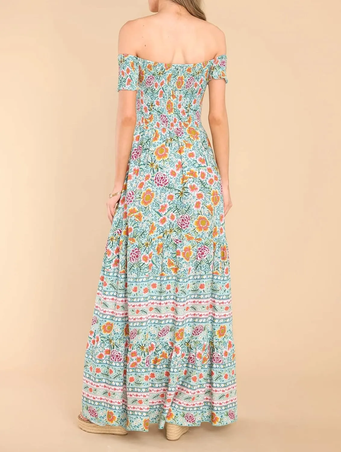 R.Vivimos Women's Summer Maxi Off-Shoulder Dresses Short Sleeve Empire Waist Boho Floral Print Casual Smocked Flowy Dresses
