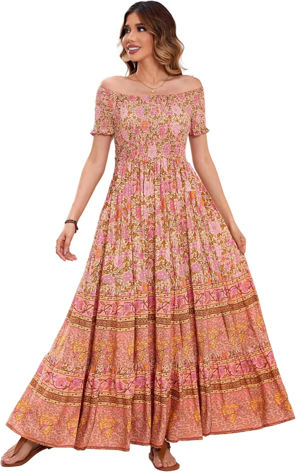 R.Vivimos Women's Summer Maxi Off-Shoulder Dresses Short Sleeve Empire Waist Boho Floral Print Casual Smocked Flowy Dresses