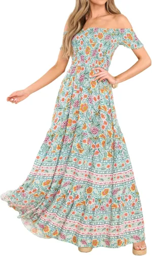 R.Vivimos Women's Summer Maxi Off-Shoulder Dresses Short Sleeve Empire Waist Boho Floral Print Casual Smocked Flowy Dresses