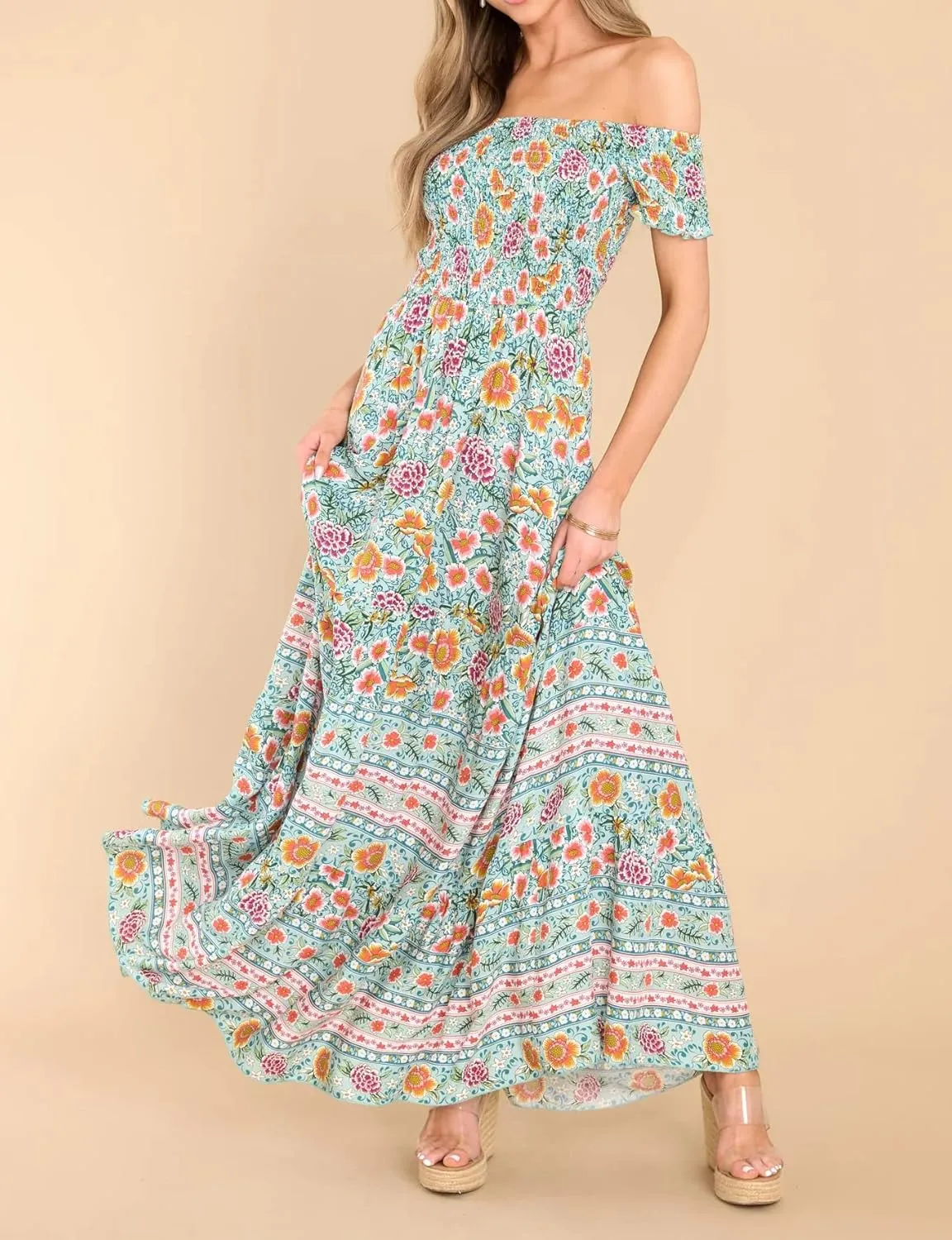 R.Vivimos Women's Summer Maxi Off-Shoulder Dresses Short Sleeve Empire Waist Boho Floral Print Casual Smocked Flowy Dresses