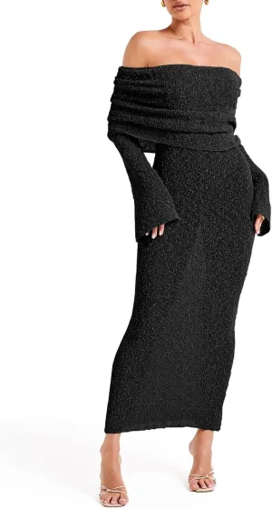 Saodimallsu Womens Off Shoulder Summer Maxi Dress Bell Long Sleeve Sexy Bodycon Strapless Sheer Beach Swimsuit Coverup