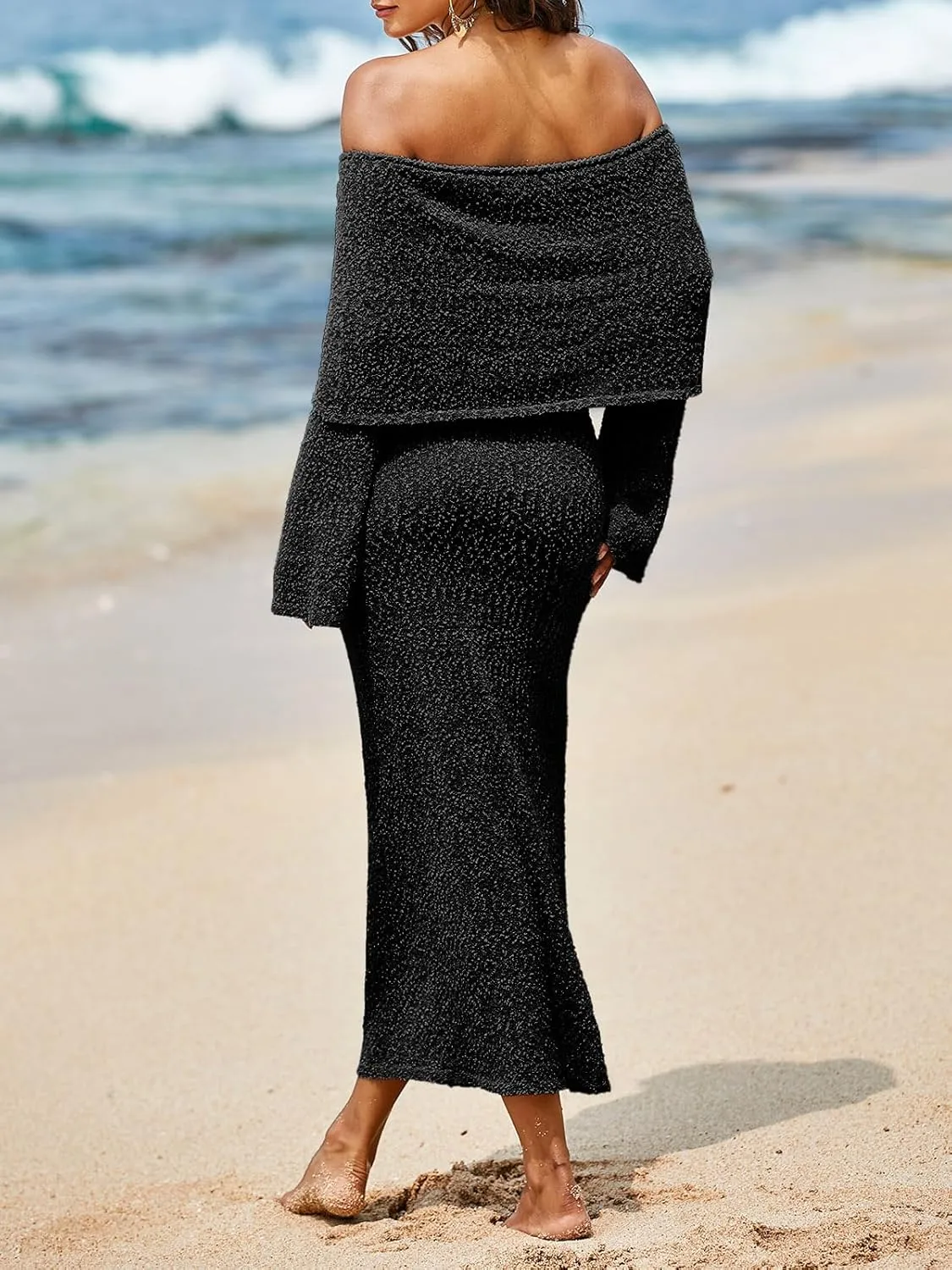 Saodimallsu Womens Off Shoulder Summer Maxi Dress Bell Long Sleeve Sexy Bodycon Strapless Sheer Beach Swimsuit Coverup