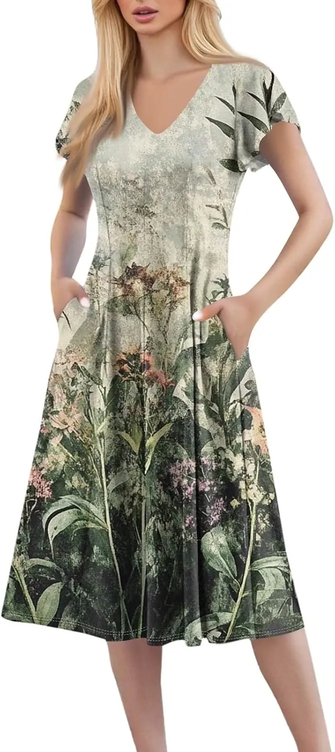 Semi Formal Wedding Guest Dresses Short Sleeve Summer Casual Plus Size Split Fashion Empire Waist Midi Dress for Women