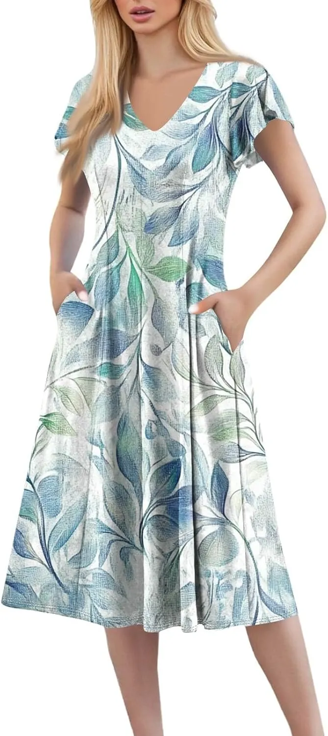 Semi Formal Wedding Guest Dresses Short Sleeve Summer Casual Plus Size Split Fashion Empire Waist Midi Dress for Women
