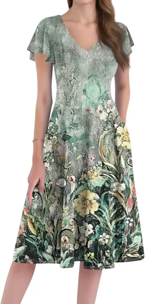 Semi Formal Wedding Guest Dresses Short Sleeve Summer Casual Plus Size Split Fashion Empire Waist Midi Dress for Women