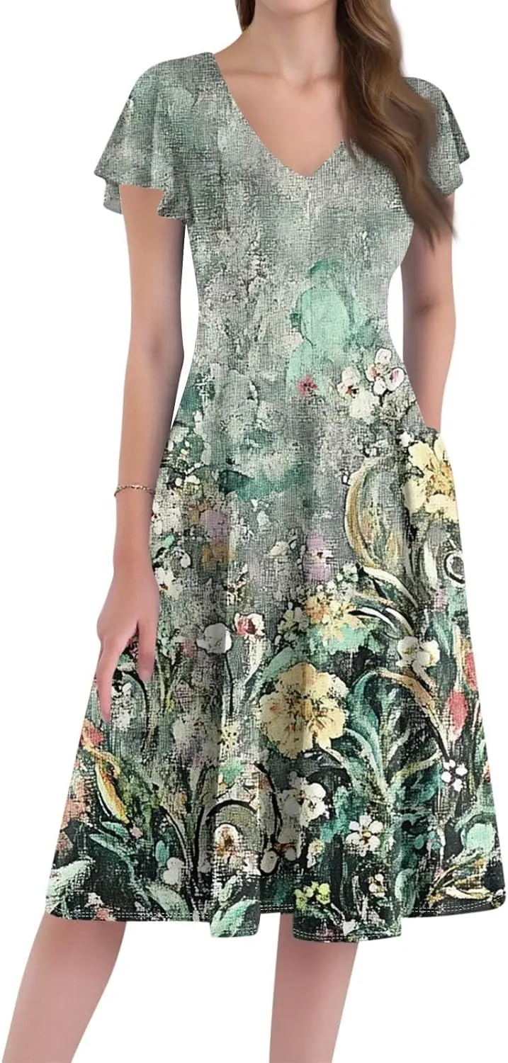 Semi Formal Wedding Guest Dresses Short Sleeve Summer Casual Plus Size Split Fashion Empire Waist Midi Dress for Women