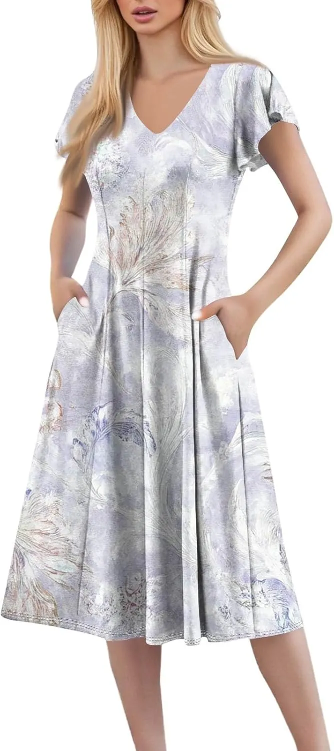 Semi Formal Wedding Guest Dresses Short Sleeve Summer Casual Plus Size Split Fashion Empire Waist Midi Dress for Women