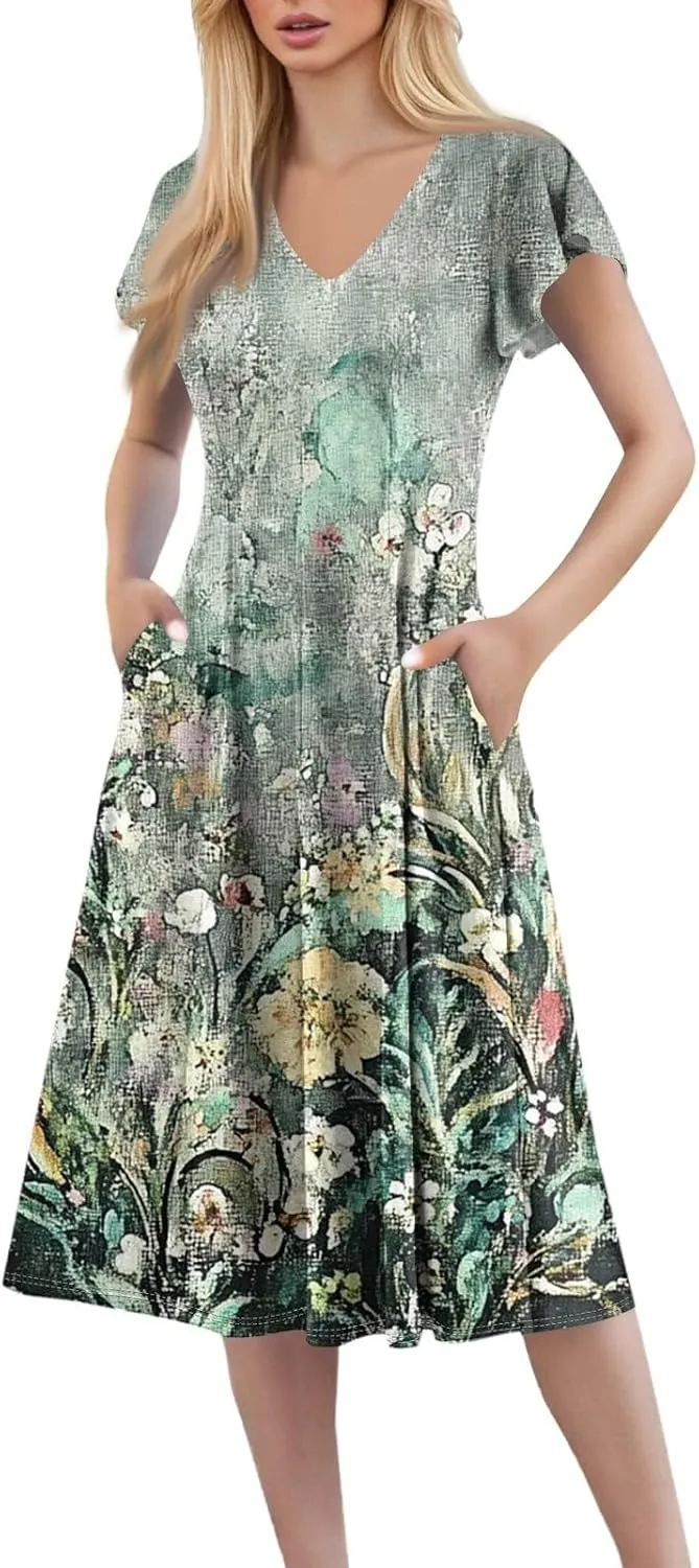 Semi Formal Wedding Guest Dresses Short Sleeve Summer Casual Plus Size Split Fashion Empire Waist Midi Dress for Women