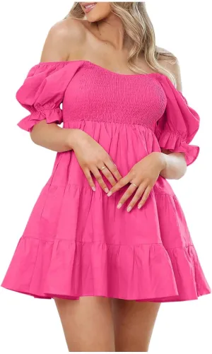 Sexy Dresses for Women 2025 Summer Cotton Lantern Sleeves Short Sundress Ruffled Off Shoulder A-Line Mini Dresses