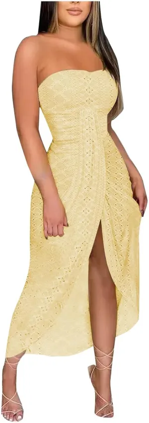 Sexy Dresses for Women Trendy Strapless Wrap Slit Eyelet Dress Fashion High Waist Ruched Bodycon Cocktail Party Dress