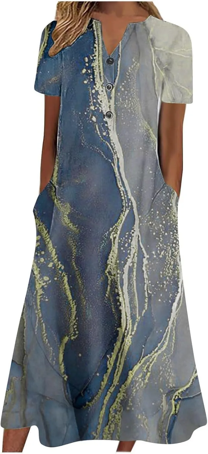 Short Sleeve Dress for Women 2025 Casual Floral Summer Maxi Dresses Button V Neck Flowy Beach Vacation Sundress